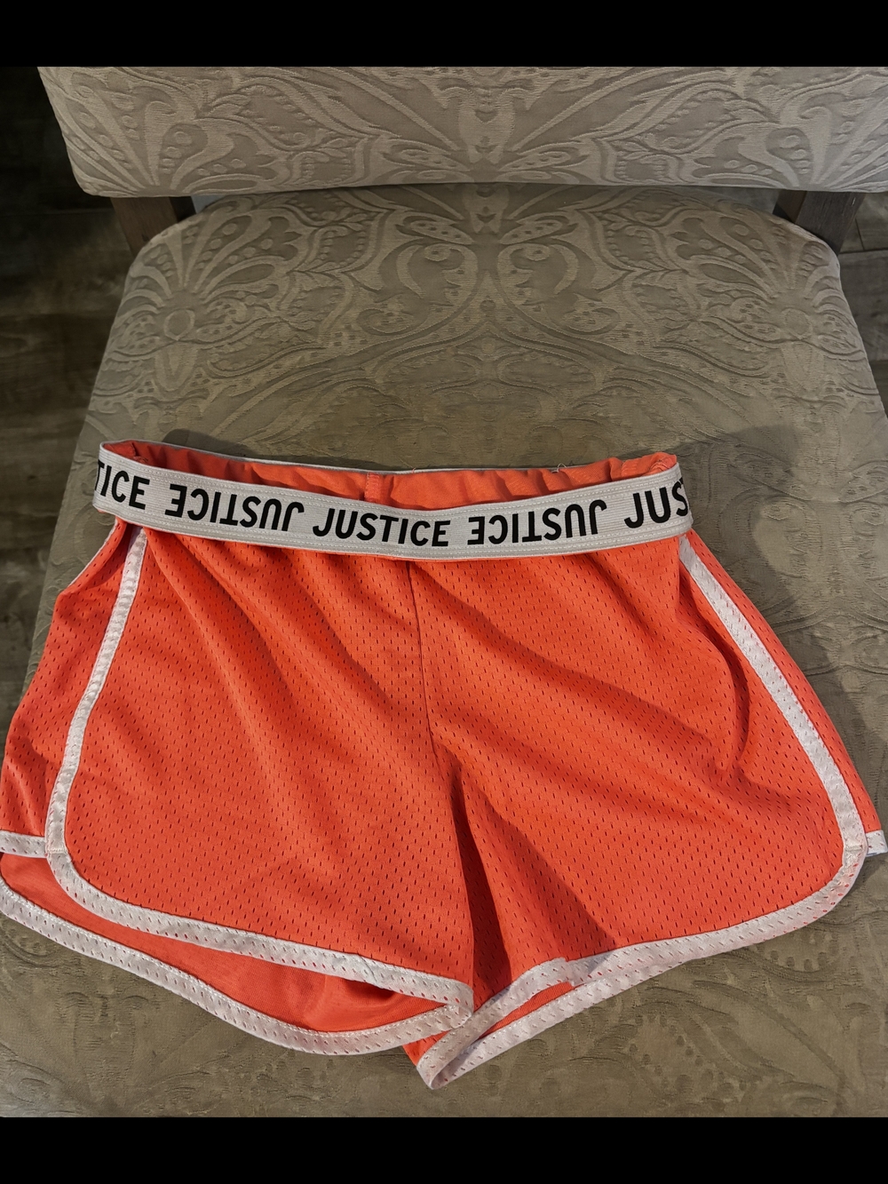 Justice Neon Orange Mesh Athletic Shorts with Branded Waistband